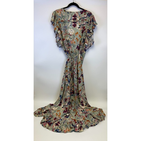 ELF Carmen Wrap Dress Gray Floral Ruffle V Neck Rayon Green Multi Tie Size L/XL - Picture 8 of 15